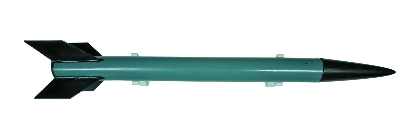 The GENESIS rocket with a black nose cone and fins on a transparent background